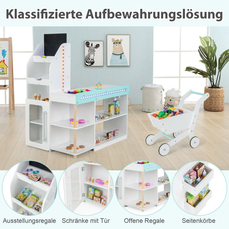 Holz-Supermarkt Spielset Mit Kasse & Einkaufswagen & Tafel Spiel Lebensmittelgeschäft