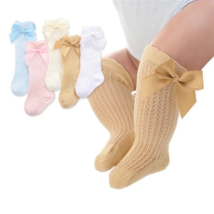 Infant Baby Bowknot Cotton Knee High Socks for Girls - Spring/Summer Mesh Design (0-2 years)