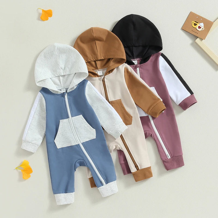 "Infant Baby Boy Girl Full Length Jumpsuit with Contrast Color Hood and Long Sleeve, Zipper Closure (0-18M)"