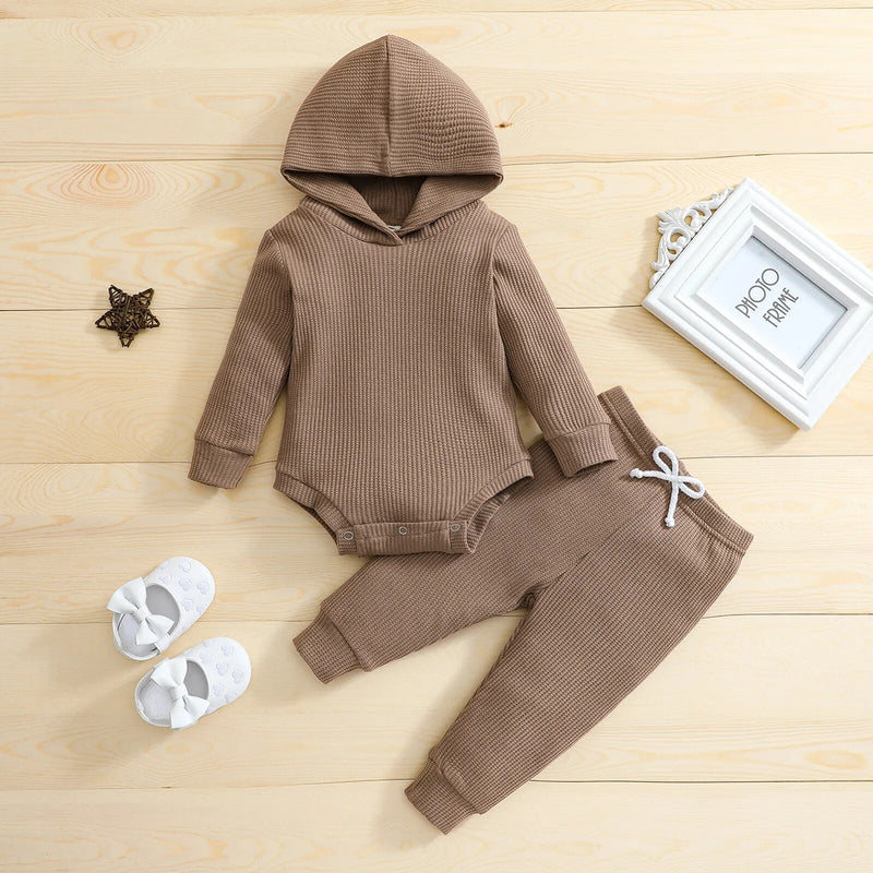 Infant Hooded Jumpsuit and Trousers Set with Long Sleeves for Baby Boys and Girls