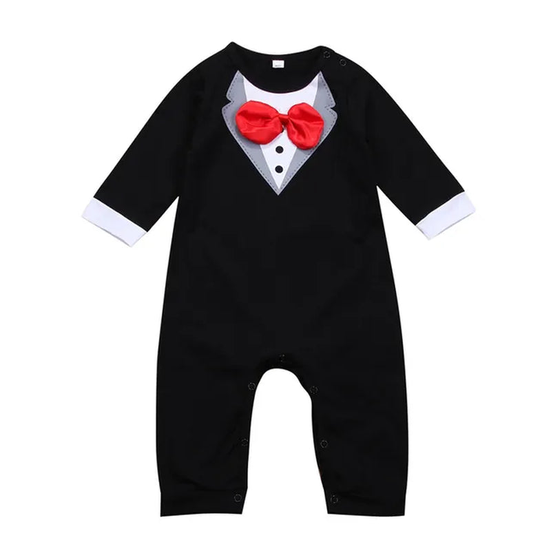 "Baby Boys Long Sleeve Formal Romper with Bow Tie, Black and White, 0-24 Months"