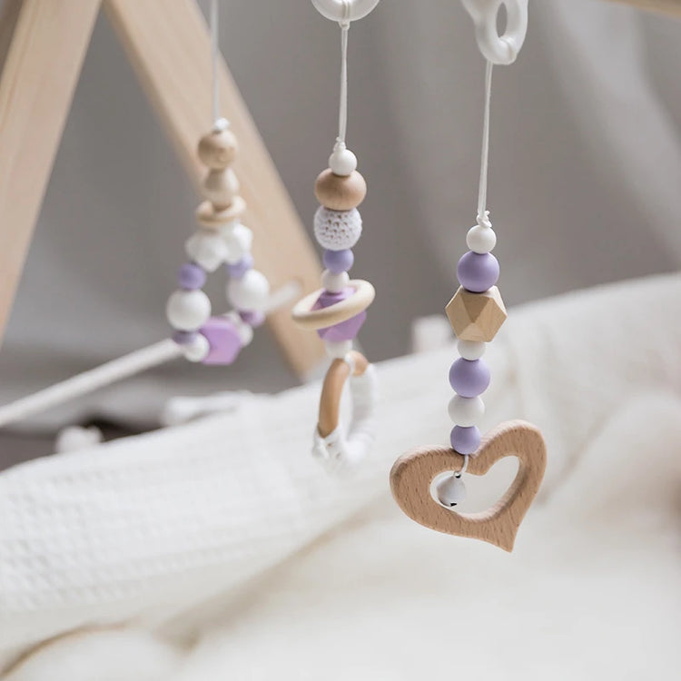 "Set of 3 Baby Rattles with Wooden Beads Pendant, Crib Mobile, and Hanging Decor - Handmade Stroller Accessories and Infant Toys"