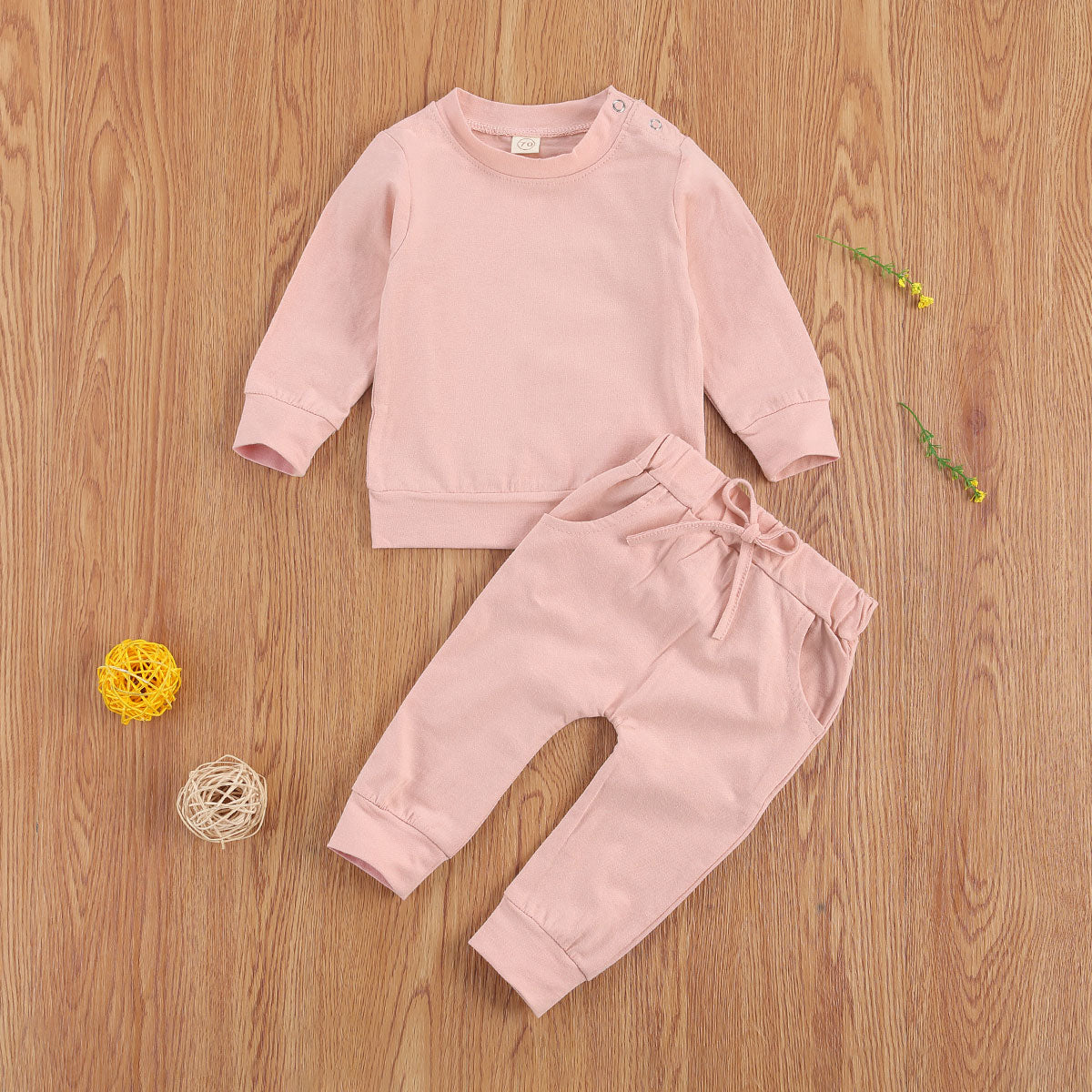 Newborn Baby Solid Color Outfit Set with Long Sleeve Pullover and Drawstring Trousers