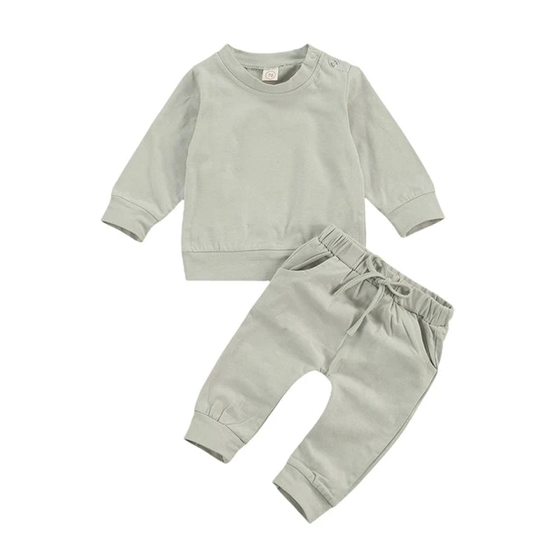 Newborn Baby Solid Color Outfit Set with Long Sleeve Pullover and Drawstring Trousers