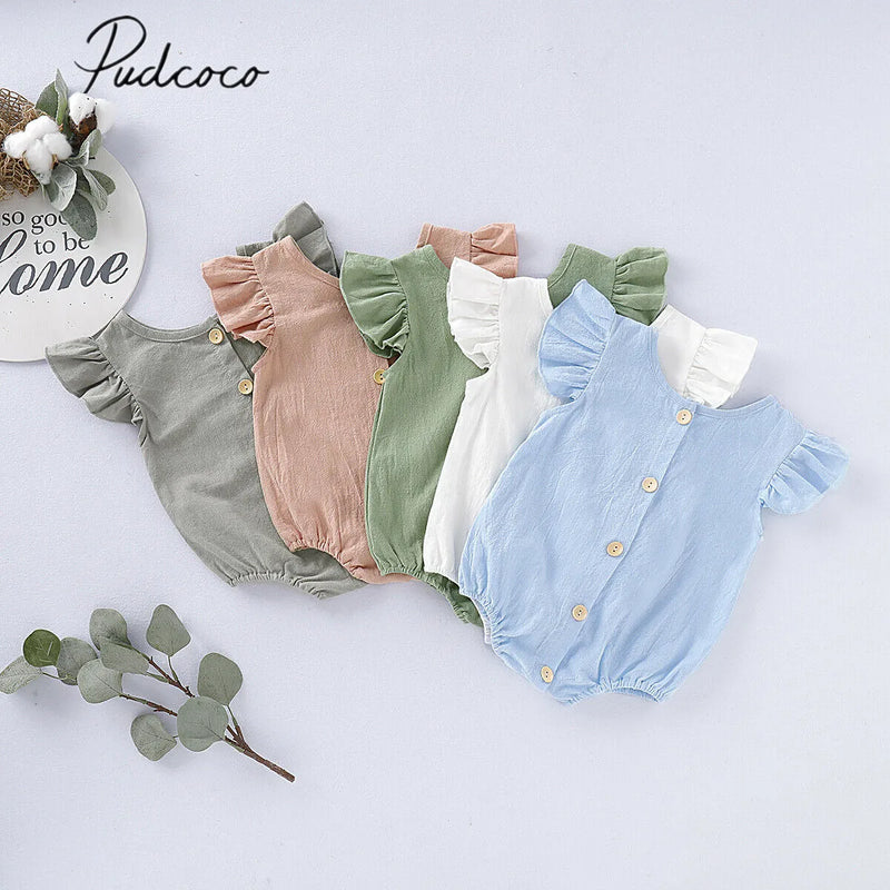 Baby Summer Bodysuits with Ruffles and Short Sleeves - Pure Color, for Girls and Boys