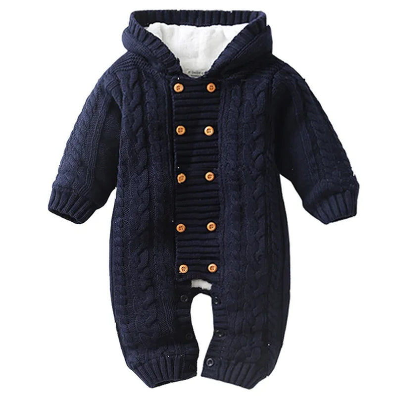 Thick and Warm Newborn Baby Romper Knitted Sweater Jumpsuit Hooded Toddler Outerwear