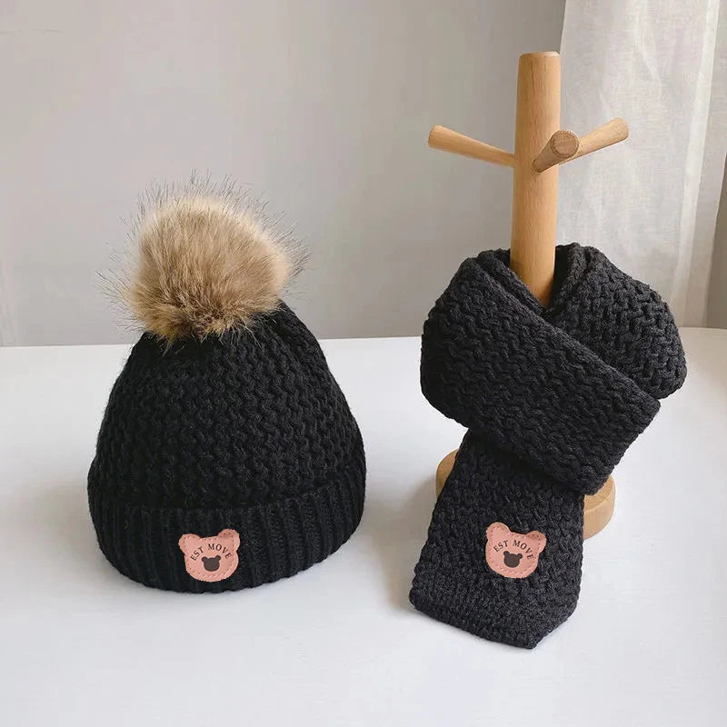 Warm and Cozy Baby Winter Hat with Plush Lining and Pompom - Kids Beanie Scarf Set for Girls and Boys