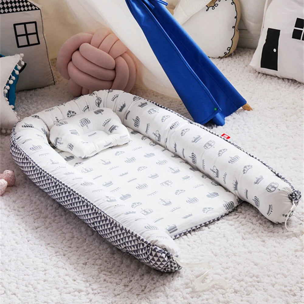 Portable Baby Nest Bed with Pillow, Newborn & Toddler Cotton Cradle, Bassinet Bumper, and Baby Lounger