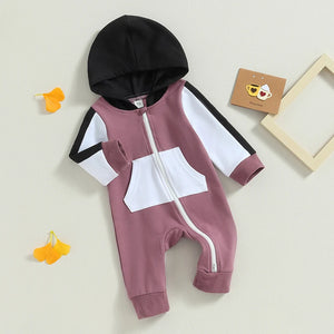 "Infant Baby Boy Girl Full Length Jumpsuit with Contrast Color Hood and Long Sleeve, Zipper Closure (0-18M)"