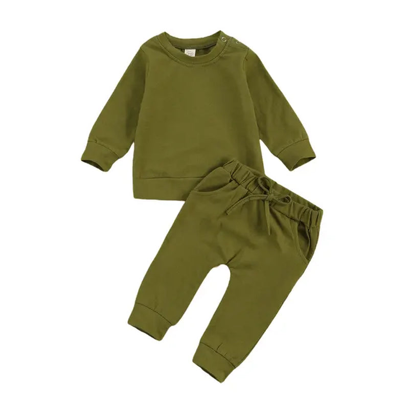 Newborn Baby Solid Color Outfit Set with Long Sleeve Pullover and Drawstring Trousers