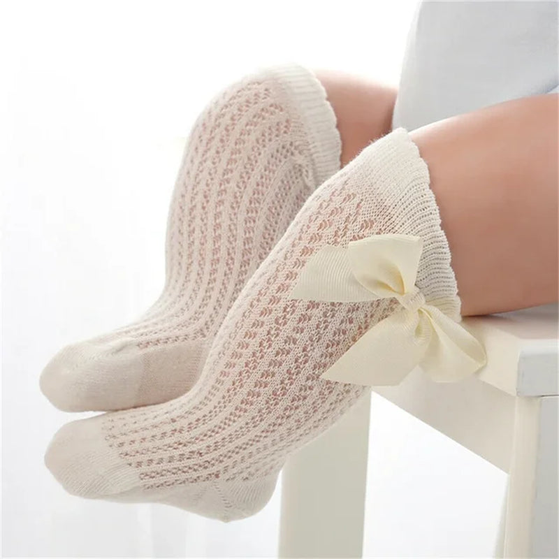 Infant Baby Bowknot Cotton Knee High Socks for Girls - Spring/Summer Mesh Design (0-2 years)