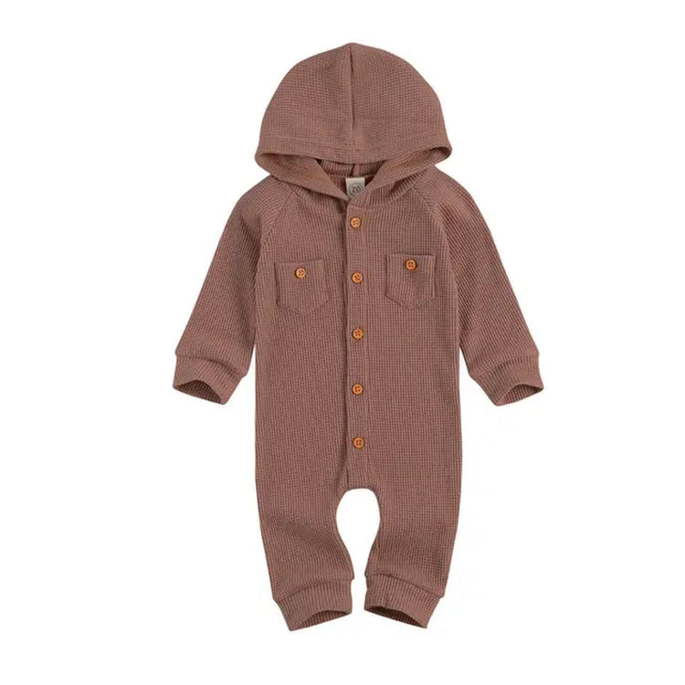 Solid Waffle Pattern One-Piece Romper with Hood and Front Pockets for Newborn Baby Girl or Boy