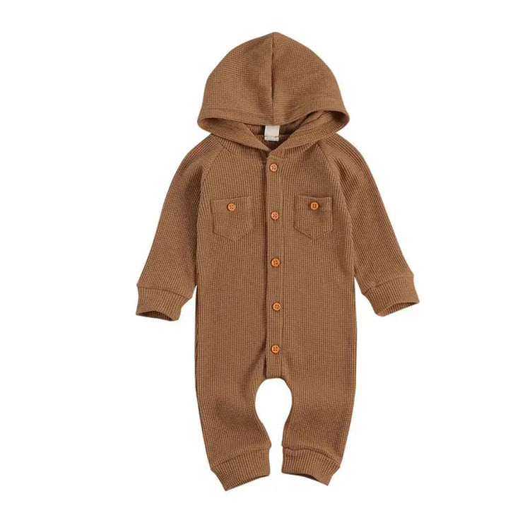 Solid Waffle Pattern One-Piece Romper with Hood and Front Pockets for Newborn Baby Girl or Boy