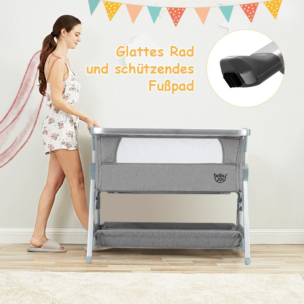 3 in 1 Beistellbett & Babywiege Babybett Mit 7-Fach Verstellbarer Höhe Hellgrau