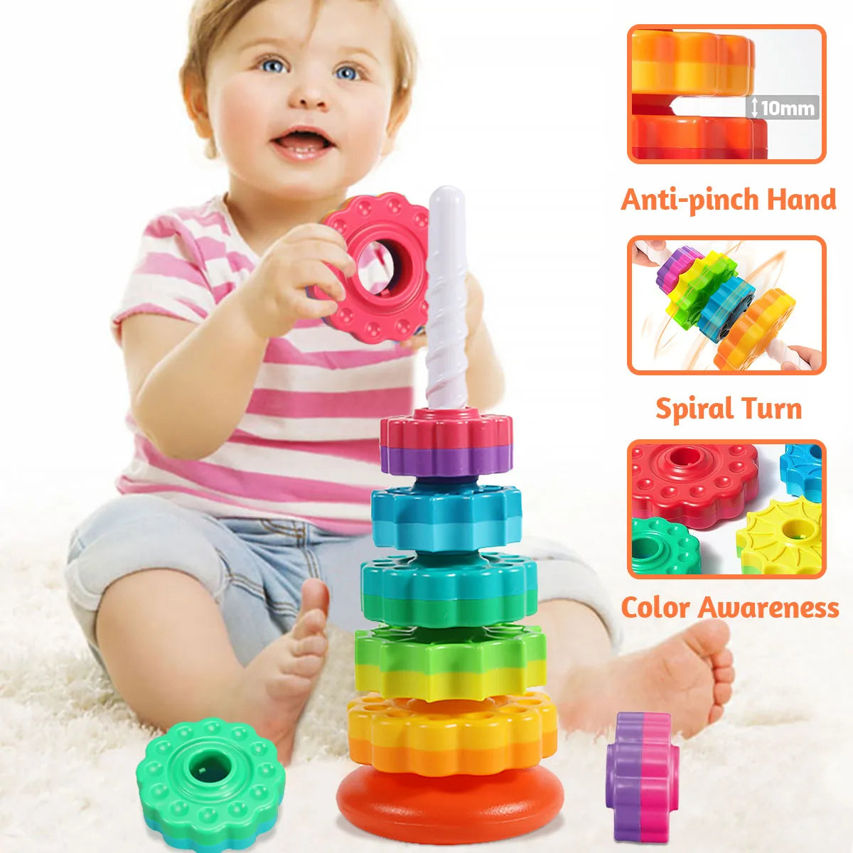 Montessori Rotating Rainbow Tower Stacking Puzzle Toy for Babies - Safe, Environmentally Friendly, Colorful Children's Toy