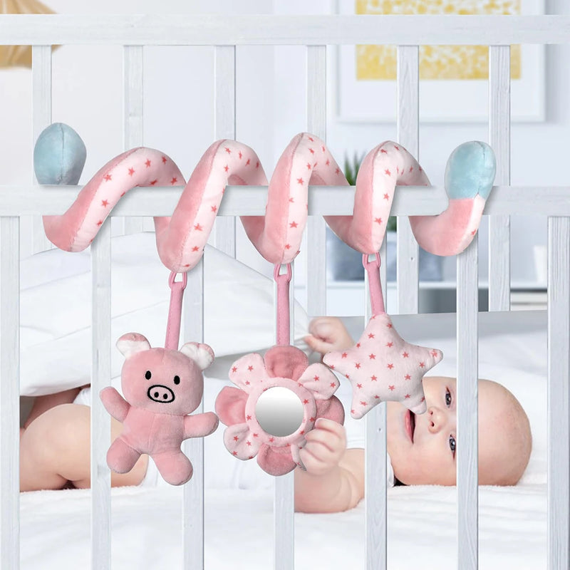 Car Seat Infant Baby Spiral Activity Hanging Toys Stroller Bar Crib Bassinet Mobile with Mirror BB Squeaker and Rattles