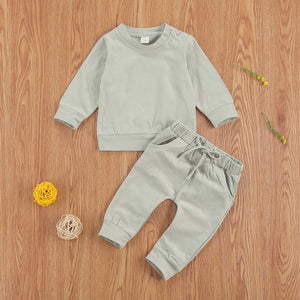 Newborn Baby Solid Color Outfit Set with Long Sleeve Pullover and Drawstring Trousers