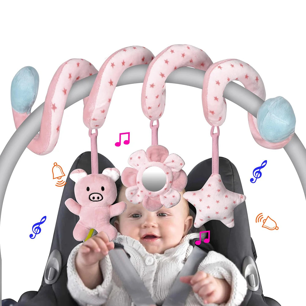 Car Seat Infant Baby Spiral Activity Hanging Toys Stroller Bar Crib Bassinet Mobile with Mirror BB Squeaker and Rattles