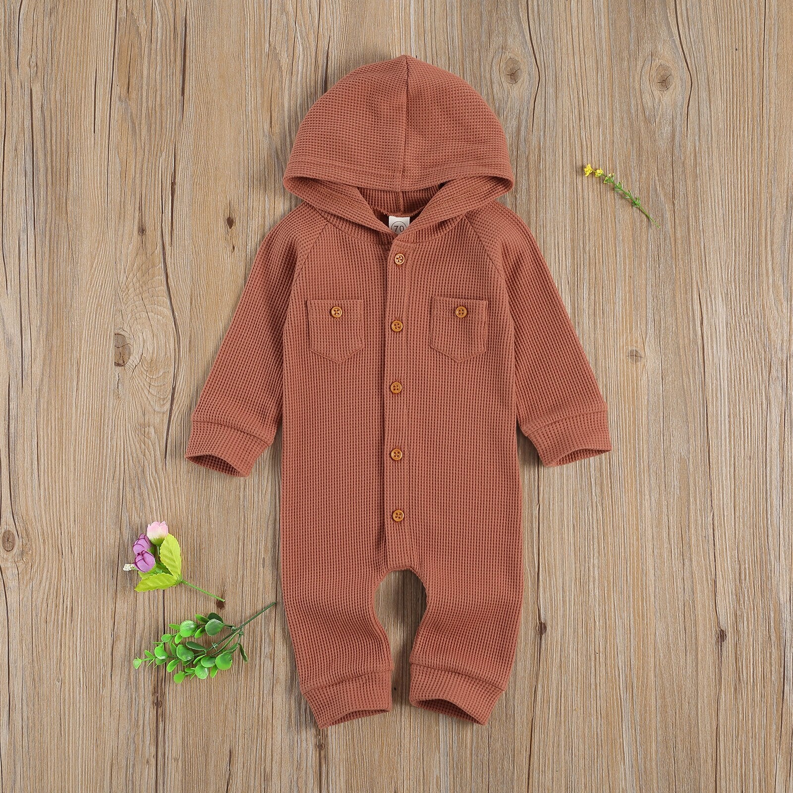 Solid Waffle Pattern One-Piece Romper with Hood and Front Pockets for Newborn Baby Girl or Boy