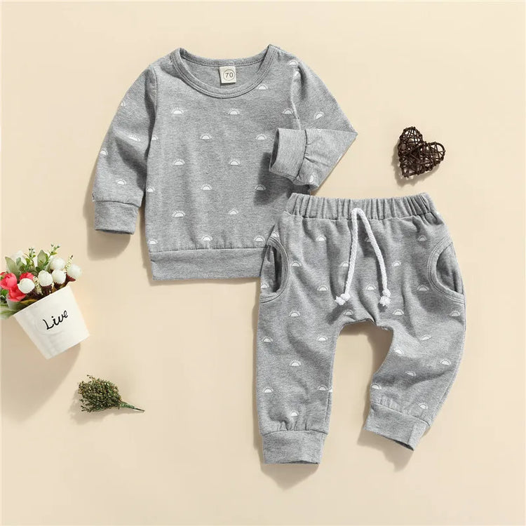 Sun Print Sweatshirt and Elastic Pants Set for Baby Boys and Girls