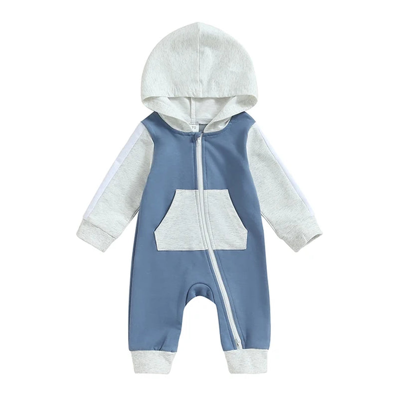 "Infant Baby Boy Girl Full Length Jumpsuit with Contrast Color Hood and Long Sleeve, Zipper Closure (0-18M)"