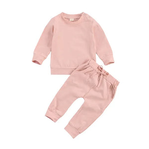 Newborn Baby Solid Color Outfit Set with Long Sleeve Pullover and Drawstring Trousers