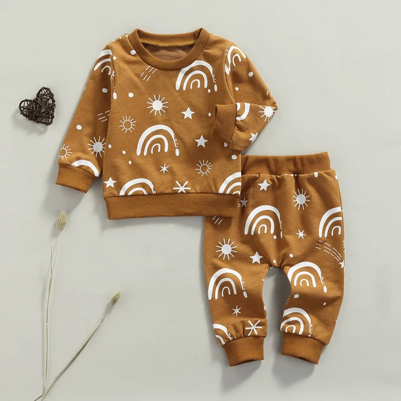 Sun Print Sweatshirt and Elastic Pants Set for Baby Boys and Girls