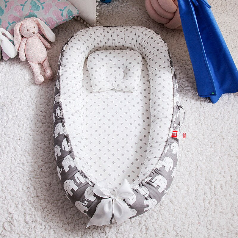 Portable Baby Nest Bed with Pillow, Newborn & Toddler Cotton Cradle, Bassinet Bumper, and Baby Lounger