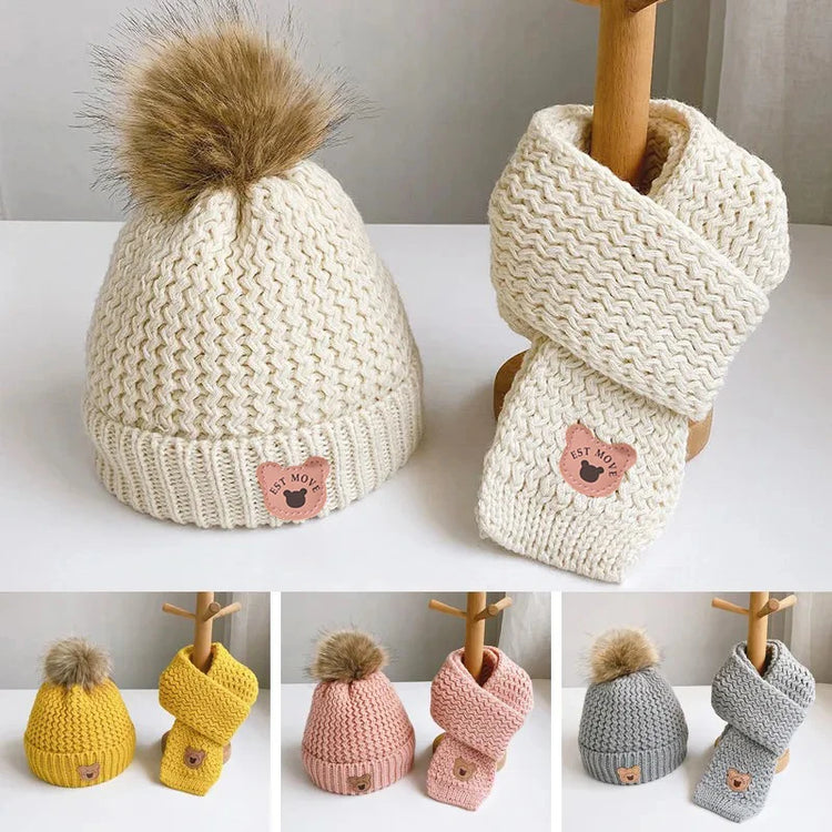 Warm and Cozy Baby Winter Hat with Plush Lining and Pompom - Kids Beanie Scarf Set for Girls and Boys