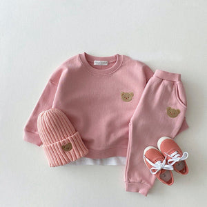 "Kids' Bear Head Embroidered Sweatshirt and Pants Tracksuit Set"