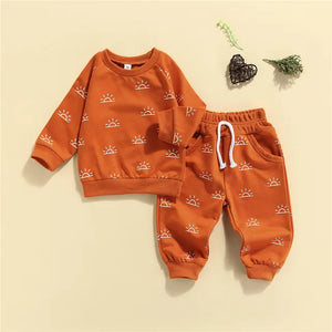 Sun Print Sweatshirt and Elastic Pants Set for Baby Boys and Girls