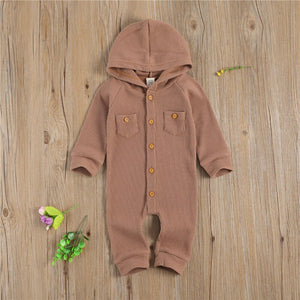 Solid Waffle Pattern One-Piece Romper with Hood and Front Pockets for Newborn Baby Girl or Boy