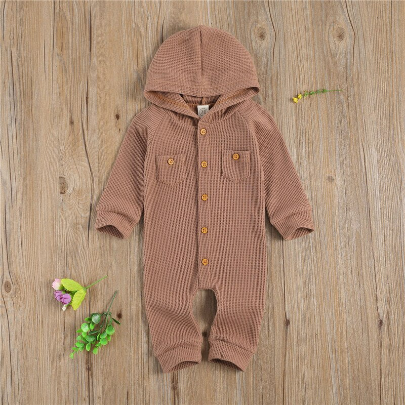 Solid Waffle Pattern One-Piece Romper with Hood and Front Pockets for Newborn Baby Girl or Boy