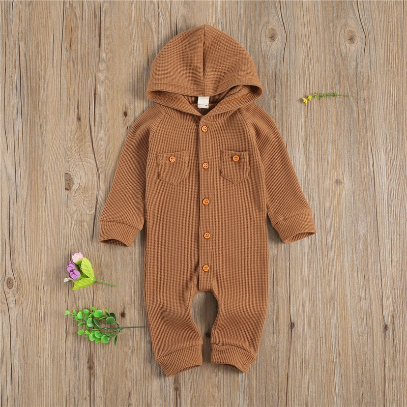 Solid Waffle Pattern One-Piece Romper with Hood and Front Pockets for Newborn Baby Girl or Boy