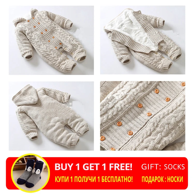 Thick and Warm Newborn Baby Romper Knitted Sweater Jumpsuit Hooded Toddler Outerwear