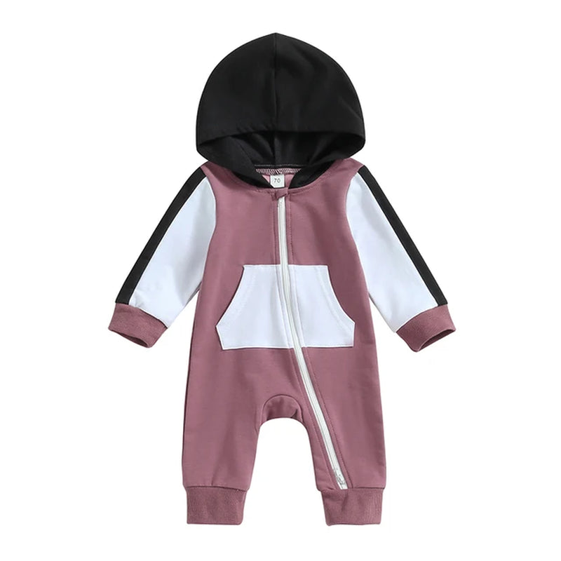 "Infant Baby Boy Girl Full Length Jumpsuit with Contrast Color Hood and Long Sleeve, Zipper Closure (0-18M)"