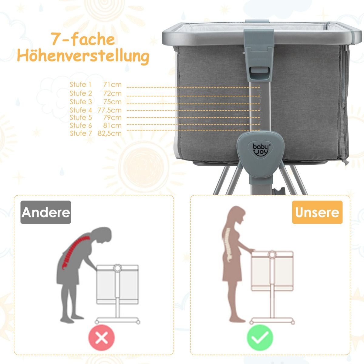 3 in 1 Beistellbett & Babywiege Babybett Mit 7-Fach Verstellbarer Höhe Hellgrau