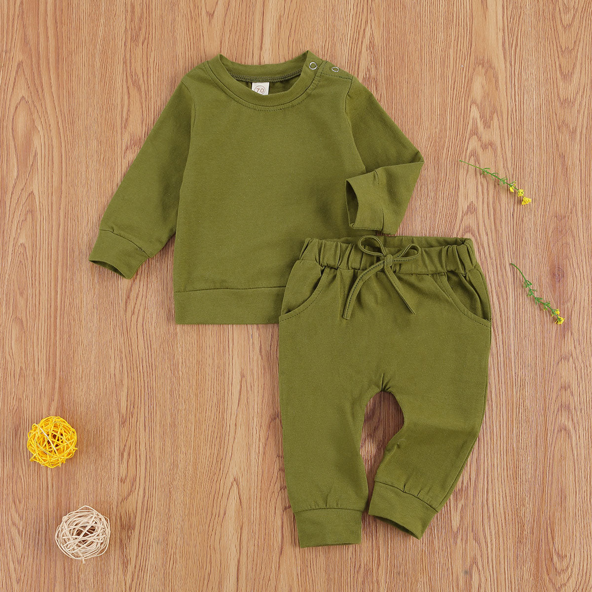 Newborn Baby Solid Color Outfit Set with Long Sleeve Pullover and Drawstring Trousers