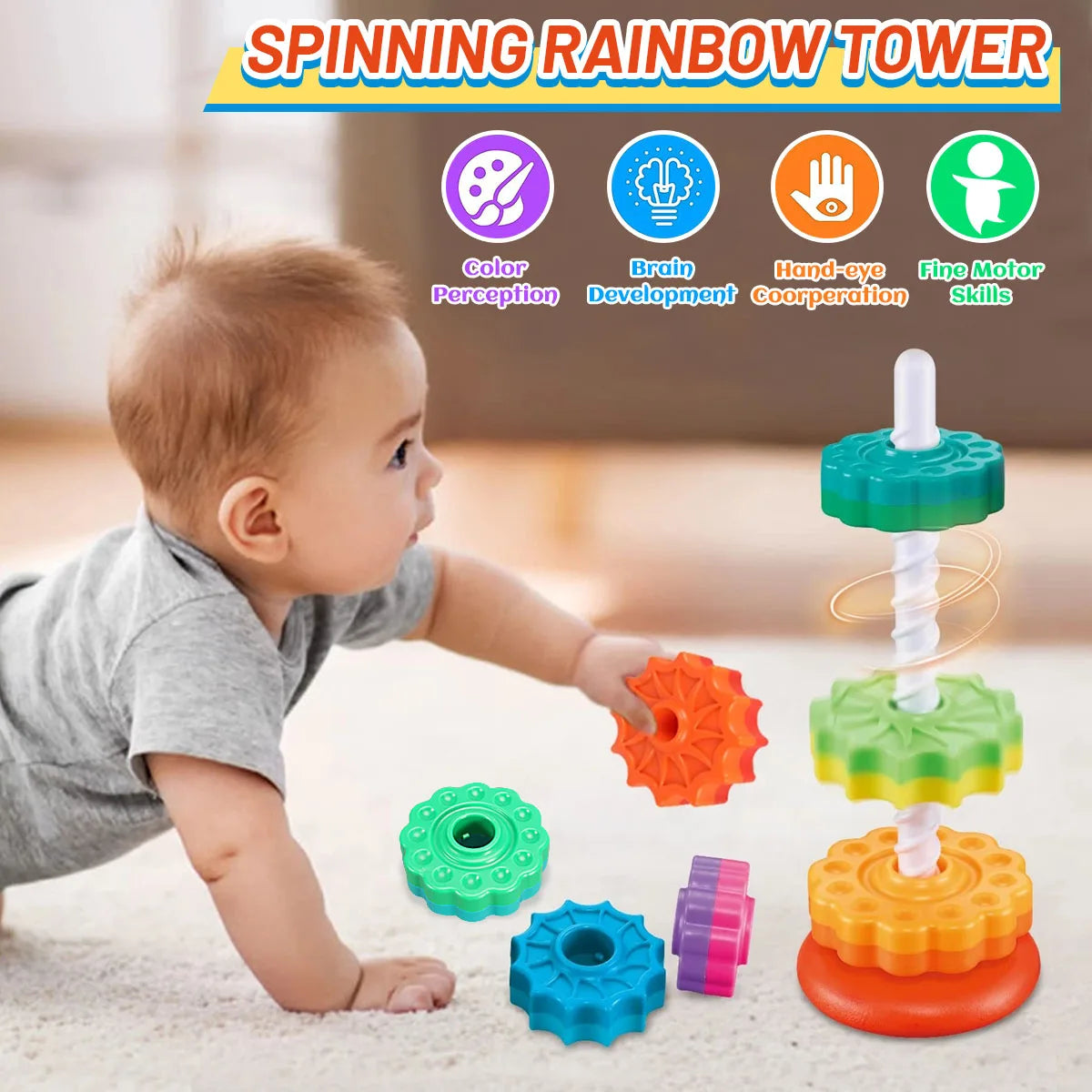 Montessori Rotating Rainbow Tower Stacking Puzzle Toy for Babies - Safe, Environmentally Friendly, Colorful Children's Toy