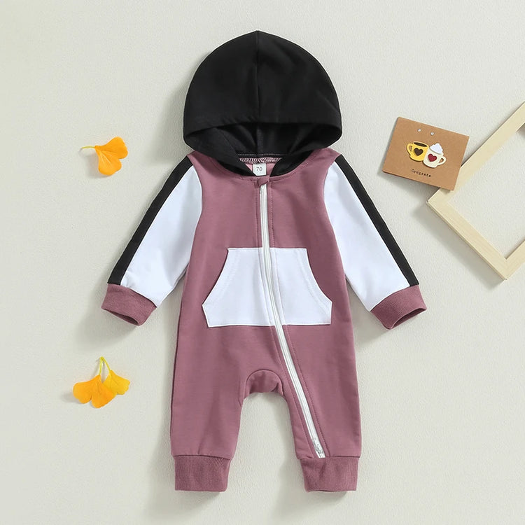 "Infant Baby Boy Girl Full Length Jumpsuit with Contrast Color Hood and Long Sleeve, Zipper Closure (0-18M)"