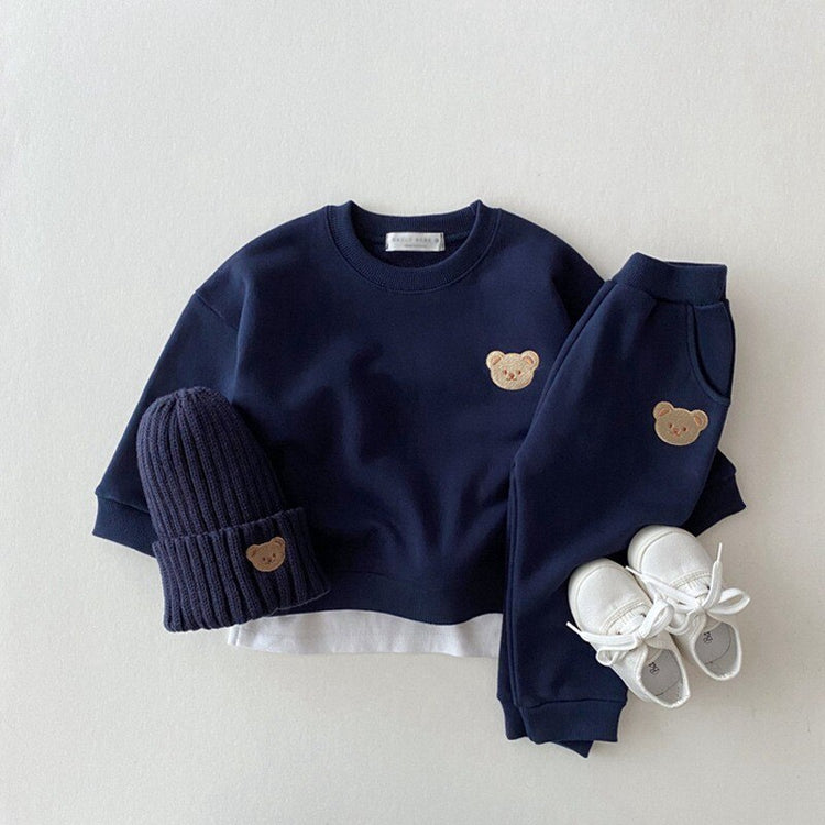 "Kids' Bear Head Embroidered Sweatshirt and Pants Tracksuit Set"