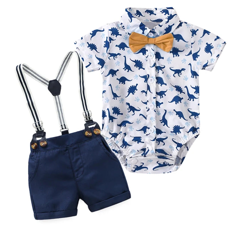 Toddler Boys Dinosaur Printed Summer Clothes Suit with Handsome Hat Bow: Baby Kids Fashion Short-Sleeved Newborn Romper Set