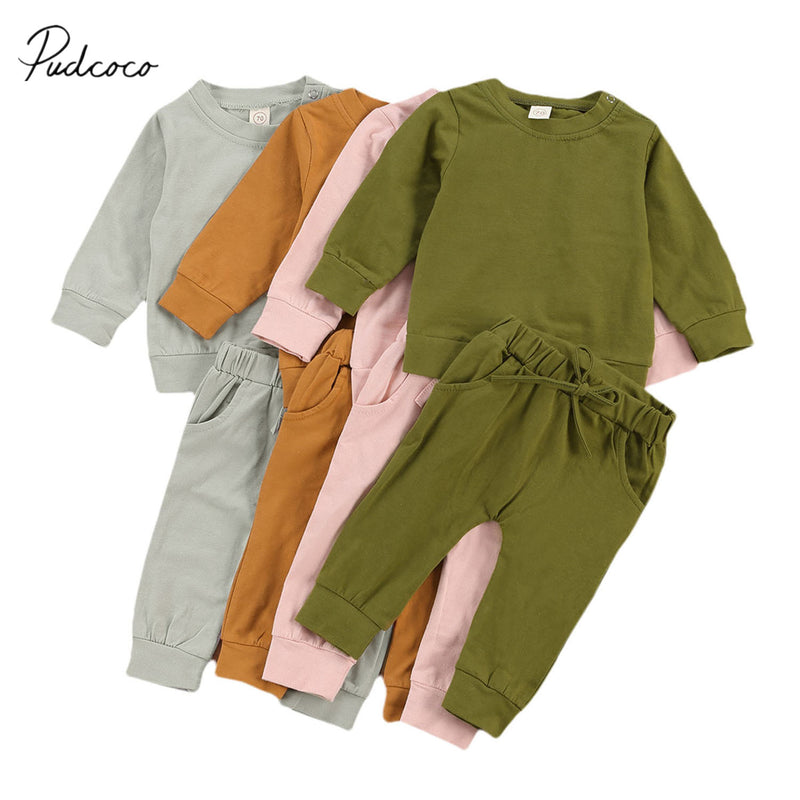 Newborn Baby Solid Color Outfit Set with Long Sleeve Pullover and Drawstring Trousers