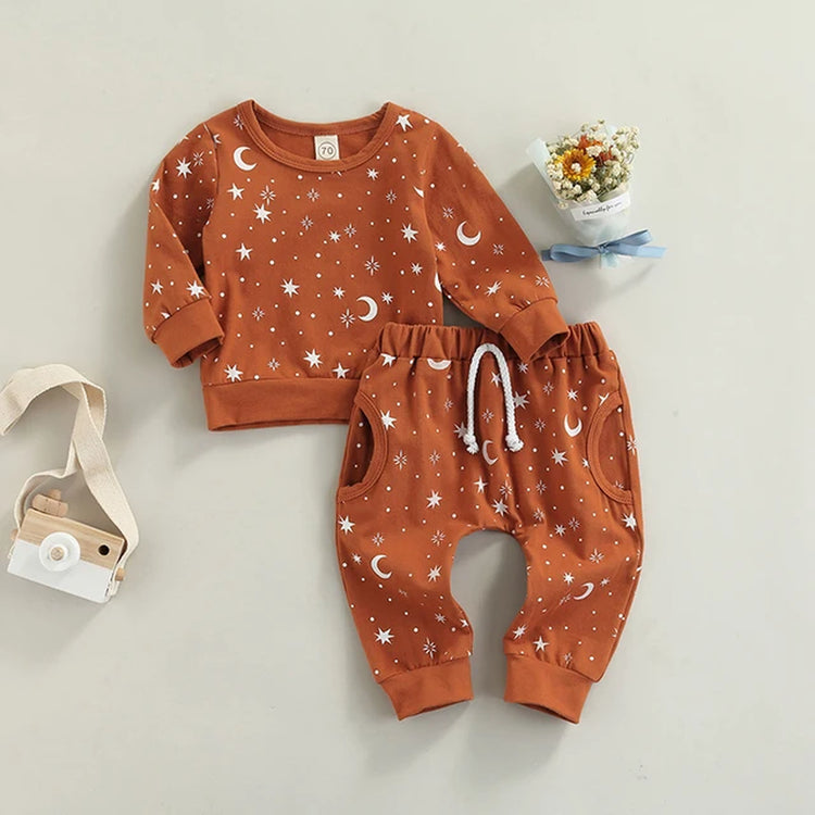 Sun Print Sweatshirt and Elastic Pants Set for Baby Boys and Girls