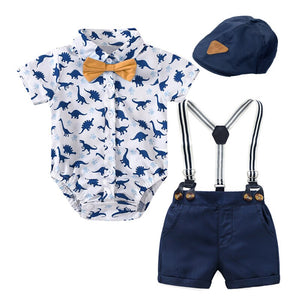 Toddler Boys Dinosaur Printed Summer Clothes Suit with Handsome Hat Bow: Baby Kids Fashion Short-Sleeved Newborn Romper Set