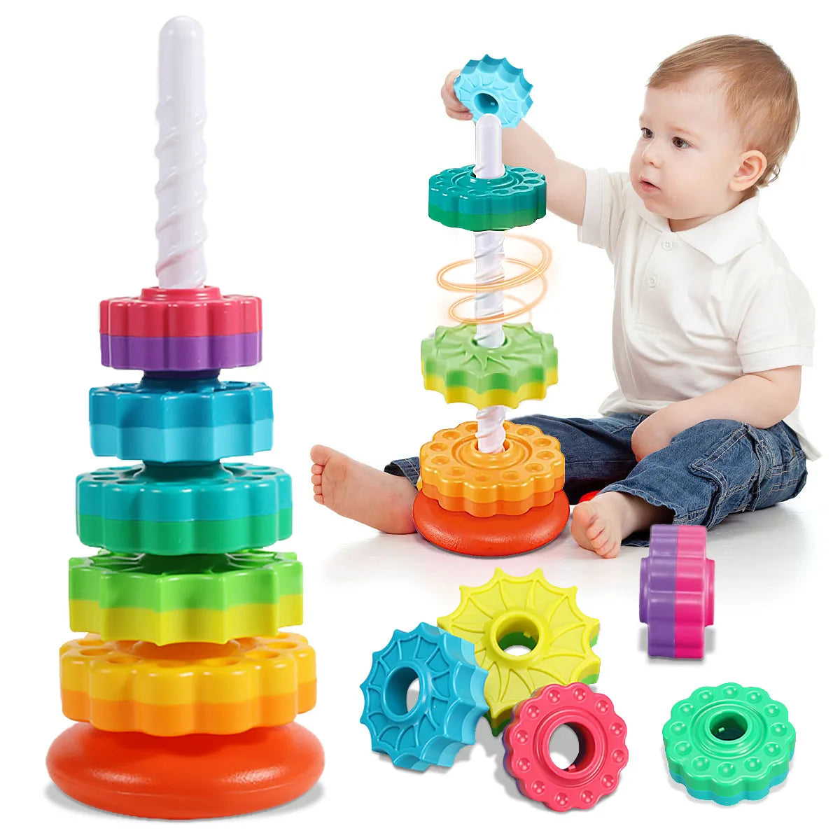 Montessori Rotating Rainbow Tower Stacking Puzzle Toy for Babies - Safe, Environmentally Friendly, Colorful Children's Toy