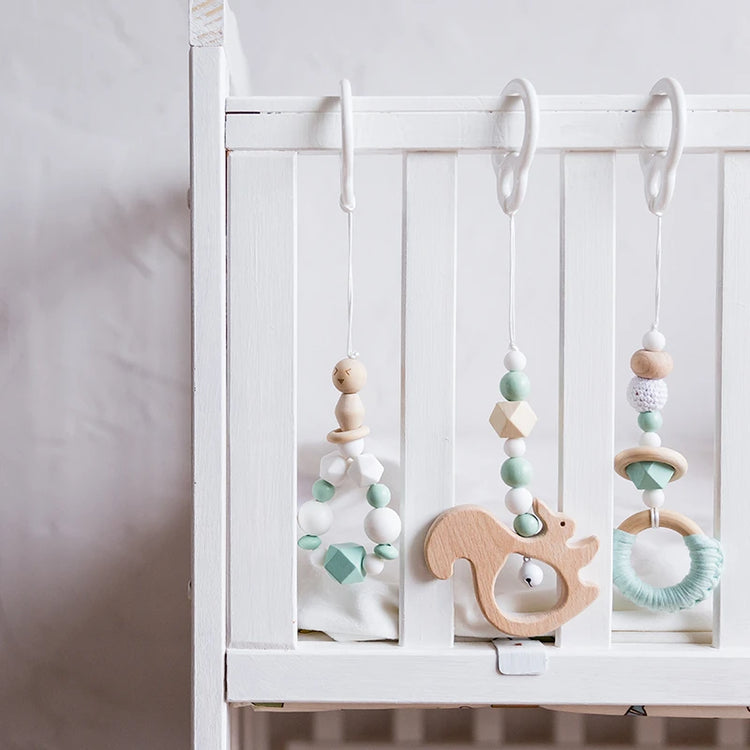 "Set of 3 Baby Rattles with Wooden Beads Pendant, Crib Mobile, and Hanging Decor - Handmade Stroller Accessories and Infant Toys"