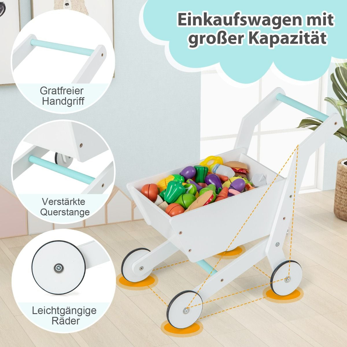 Holz-Supermarkt Spielset Mit Kasse & Einkaufswagen & Tafel Spiel Lebensmittelgeschäft