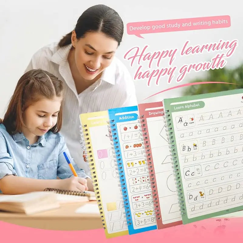 "Reusable Children's Educational Copybooks for Writing, English, Maths, and Drawing Practice"