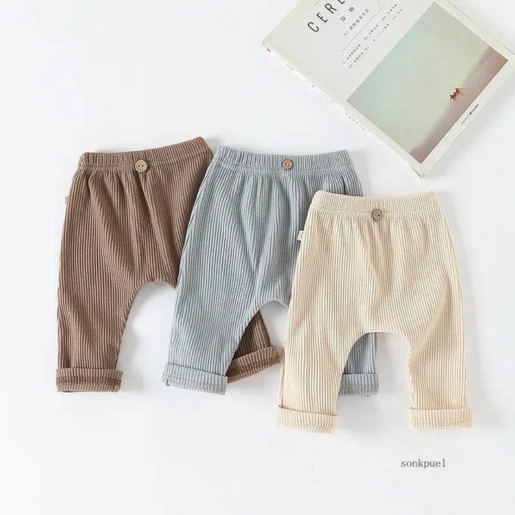 Baby Ribbed Elastic Bottoming Pants: Striped / Solid Color Casual Trousers for Kids